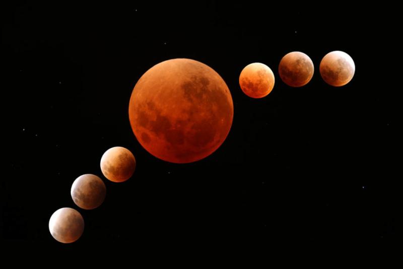 A collaged sequence of photos of the moon during a lunar eclipse